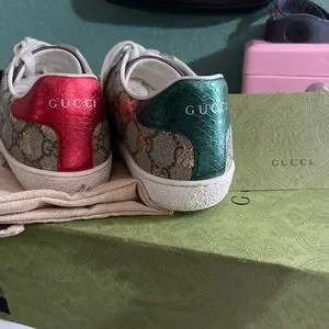 Gucci GG Supreme Monogram Bees Ayers Web Womens Ace Sneakers  Gucci , size (6) women 37 , color green and red with bee print . main image 2